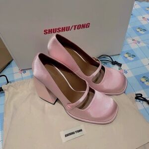 Shushu Tong Round Toe Mary Jane Satin Heels, Pink